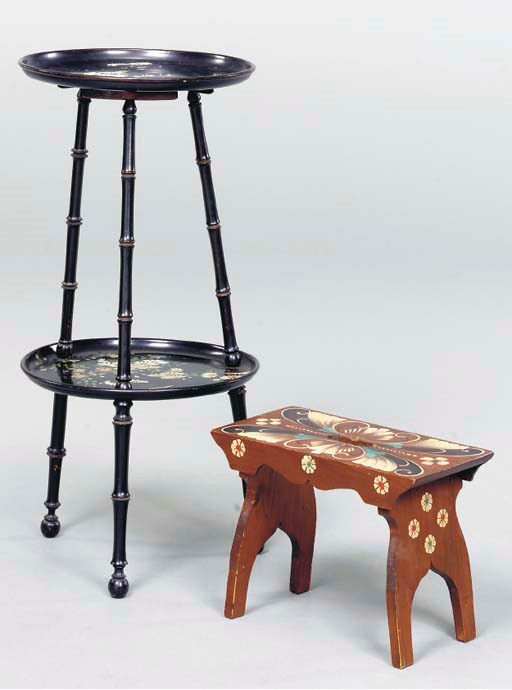 A VICTORIAN EBONIZED AND POLYCHROME DECORATED TWO-TIER CIRCULAR SIDE TABLE,