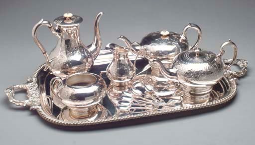 A GROUP OF LATE VICTORIAN SILVER PLATED TEA AND COFFEE WARES,