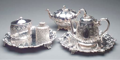 A GROUP OF THREE SILVER PLATED TEA WARES,