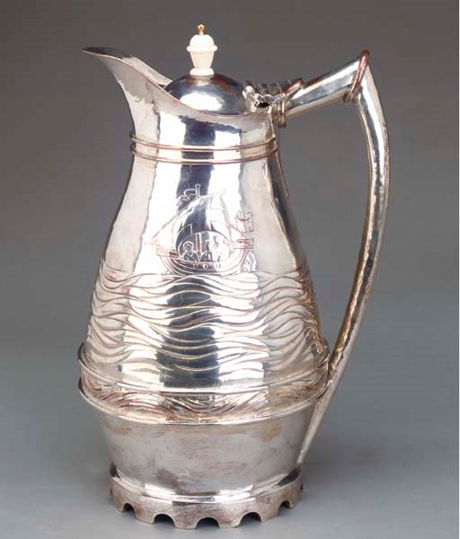 A LATE VICTORIAN SILVER PLATED WATER JUG AND HINGED COVER,**