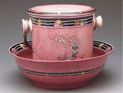 A STAFFORDSHIRE (BISHOP & STONIER) IRONSTONE POWDERED PUCE GROUND SLOP PAIL, COVER AND BASIN FROM A TOILET SET,