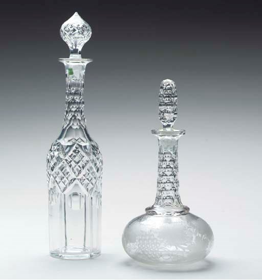 TWO PAIRS OF VICTORIAN CUT GLASS AND/OR ETCHED GLASS DECANTERS WITH STOPPERS,