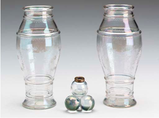 A PAIR OF CONTINENTAL IRIDESCENT GLASS VASES,