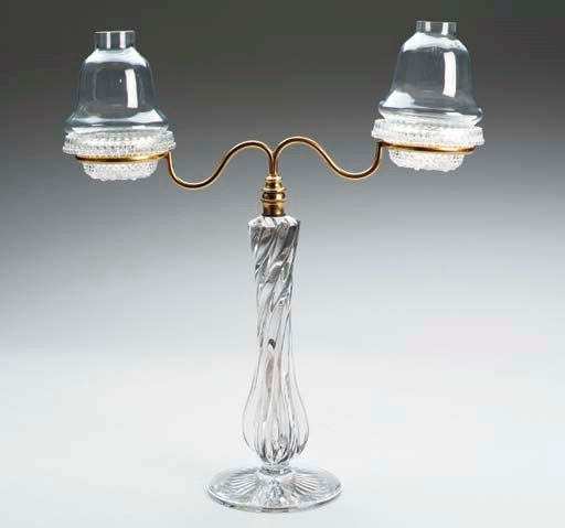 AN EDWARDIAN CUT GLASS AND MOLDED GILT BRONZE MOUNTED CRICKLIGHT DOUBLE LIGHT CANDELABRA,