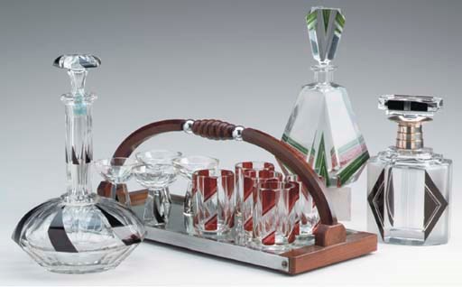 A GROUP OF ART DECO CUT AND FLASH-COLORED GLASS BARWARES,
