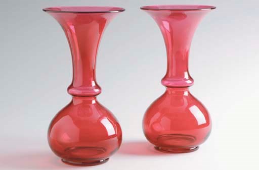 A PAIR OF VICTORIAN RUBY GLASS FLARED VASES,