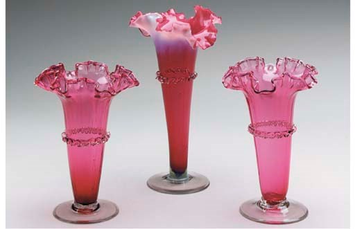 AN VICTORIAN RUBY GLASS ASSEMBLED GARNITURE,
