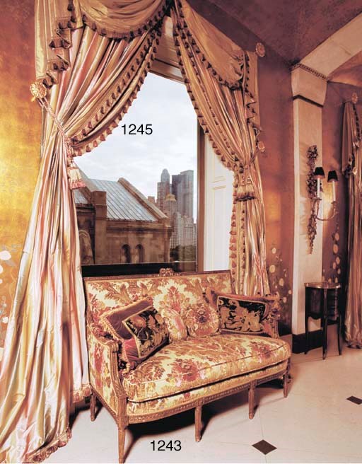 THREE PAIRS OF SILK CURTAINS WITH UNDERPANELS AND VALANCES TOGETHER WITH GILT METAL ROSSETTES AND TIE BACKS