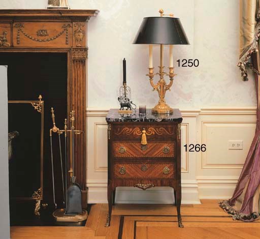 A PAIR OF LOUIS XVI STYLE MARQUETRY INLAID TULIPWOOD AND KINGWOOD GILT- BRONZE MOUNTED MARBLE TOP SMALL COMMODES,