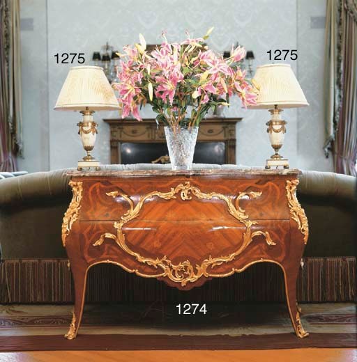 A PAIR OF LOUIS XVI STYLE GILT BRONZE MOUNTED WHITE MARBLE URNS