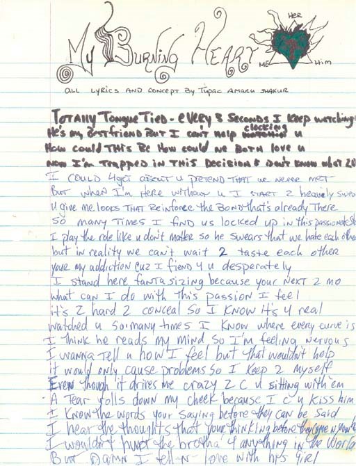 2PAC MY BURNING HEART HANDWRITTEN LYRIC SHEET