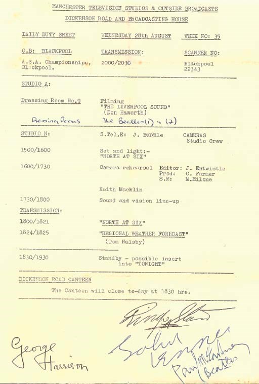 BEATLES SIGNED CALLSHEET FOR BBC DOCUMENTARY