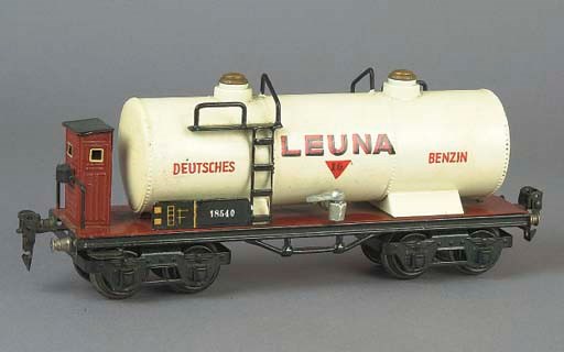 A  Märklin four-axle 1854L 24.5cm. Leuna Deutsches Benzin Tank Wagon with Brakeman's Hut