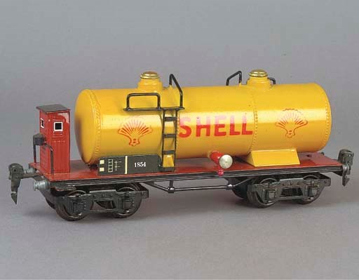A Märklin four-axle 1854S 24.5cm. Shell Tank Wagon with Brakeman's Hut