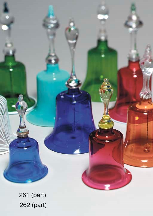 FIVE ENGLISH AND CONTINENTAL COLOURED AND OPAQUE GLASS HAND BELLS,