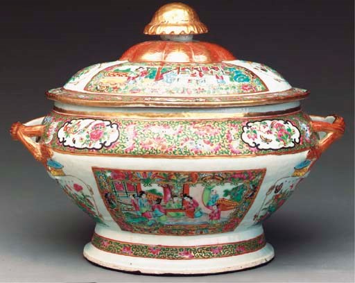 A CHINESE EXPORT 'CANTON FAMILLE ROSE' TWO-HANDLED TUREEN AND COVER,