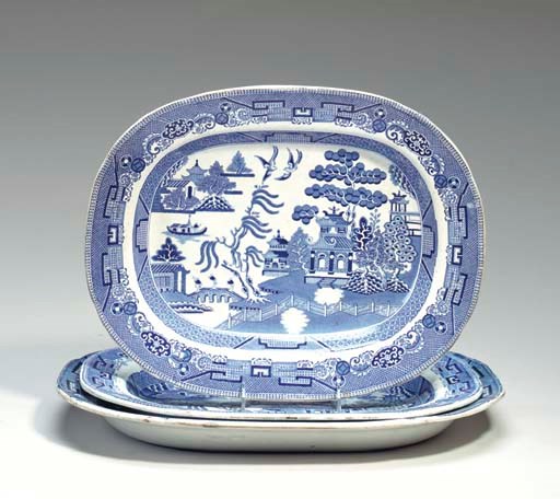 THREE ENGLISH EARTHENWARE TRANSFER DECORATED PLATTERS,
