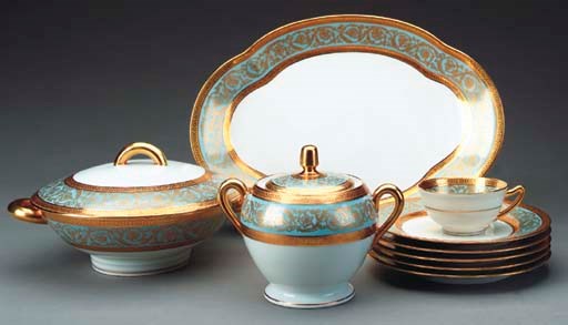 A LIMOGES PORCELIAN BLUE GROUND PART DINNER SERVICE,