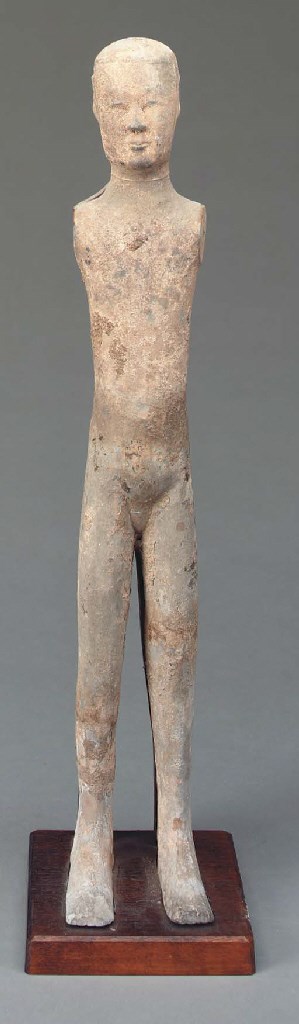 A PAIR OF CHINESE PAINTED GRAY POTTERY NUDE FIGURES,