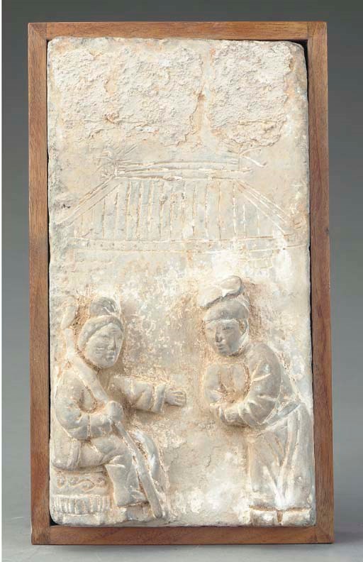 A CHINESE PAINTED GRAY POTTERY FUNERARY RELIEF,