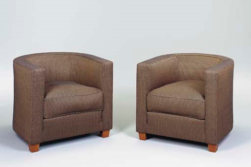 A PAIR OF UPHOLSTERED ARMCHAIRS BY LUDWIG AND DOMINIQUE AFTER A DESIGN BY JEAN-MICHEL FRANK,
