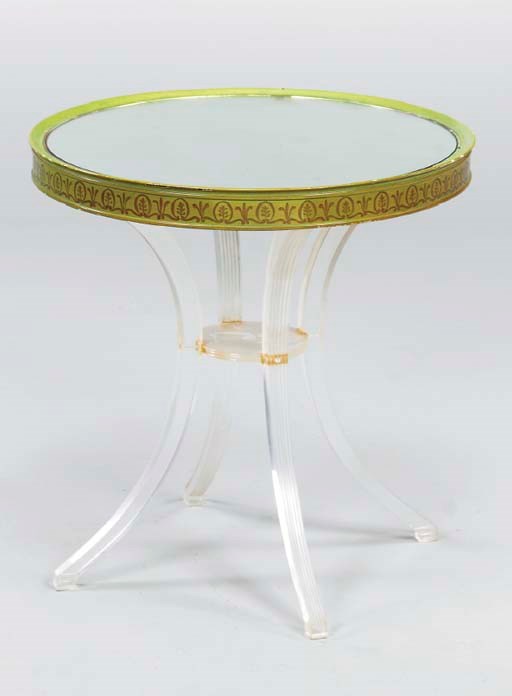A PAIR OF ACRYLIC MIRRORED AND PAINTED CIRCULAR GUERIDONS,