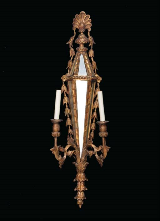 A PAIR OF ITALIAN NEOCLASSICAL STYLE CARVED AND MIRROR-INSET GILTWOOD TWO-BRANCH WALL LIGHTS,
