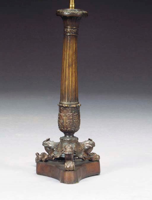 A PAIR OF RESTAURATION STYLE PATINATED BRONZE LAMPS,