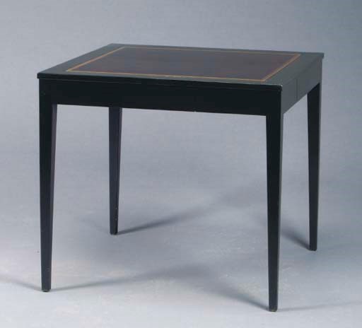 A LEATHER-INSET BLACK LACQUERED BRIDGE TABLE,