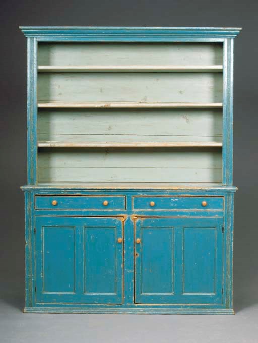 AN AMERICAN BLUE-PAINTED PINE CUPBOARD,