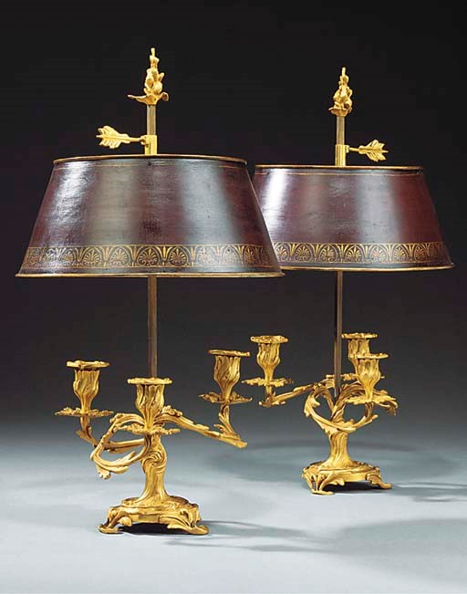 A PAIR OF GILT BRONZE AND TOLE BOUILLOTTE LAMPS
