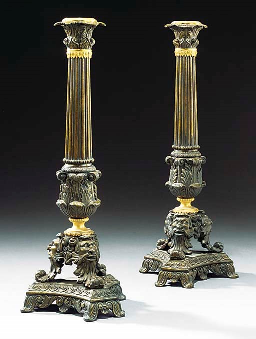 A PAIR OF REGENCY BRONZE PASTILE BURNER CANDLESTICKS