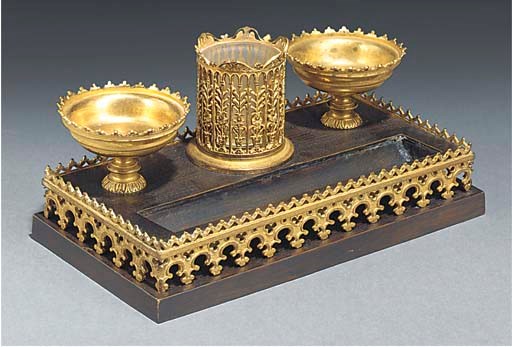 A CHARLES X GOTHIC REVIVAL GILT AND PATINATED BRONZE ENCRIER