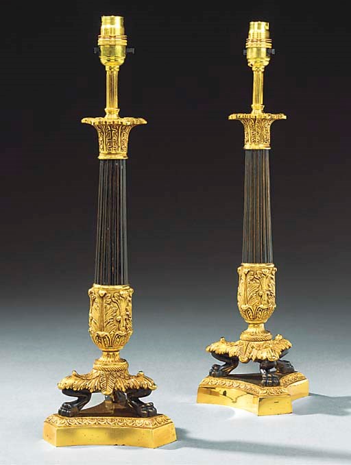 A PAIR OF GILT AND PATINATED BRONZE CANDLESTICKS