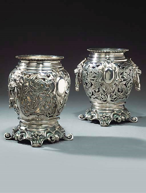 A PAIR OF SILVERED BRONZE JARDINIERES