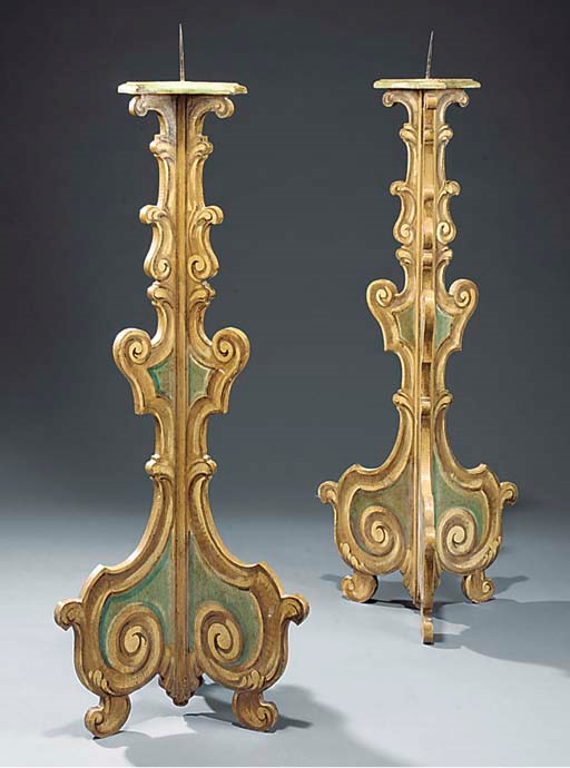 A PAIR OF PAINTED WOOD FLOOR STANDING PRICKET CANDLESTICKS