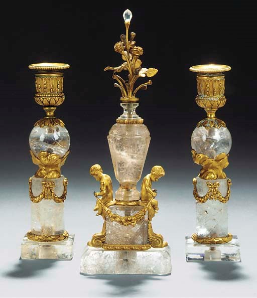 A ROCK CRYSTAL, GLASS AND ORMOLU GARNITURE