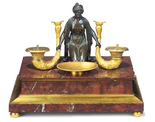 AN ORMOLU AND ROUGE GRIOTTE MARBLE INK STAND
