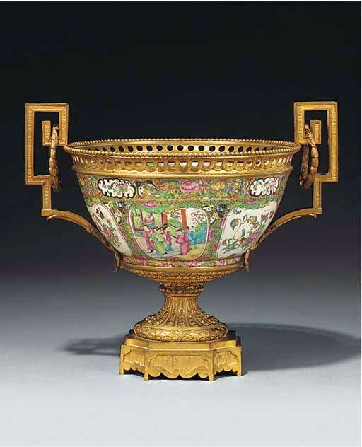 A GILT BRONZE AND CANTONESE PORCELAIN BOWL