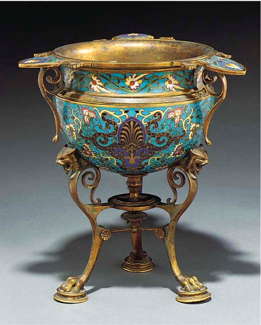 A FRENCH CHAMPLEVE ENAMEL AND GILT BRONZE JARDINIERE