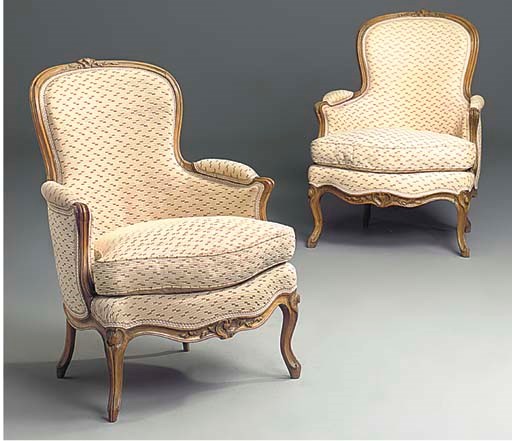 A PAIR OF FRENCH BEECH AND UPHOLSTERED BERGERES