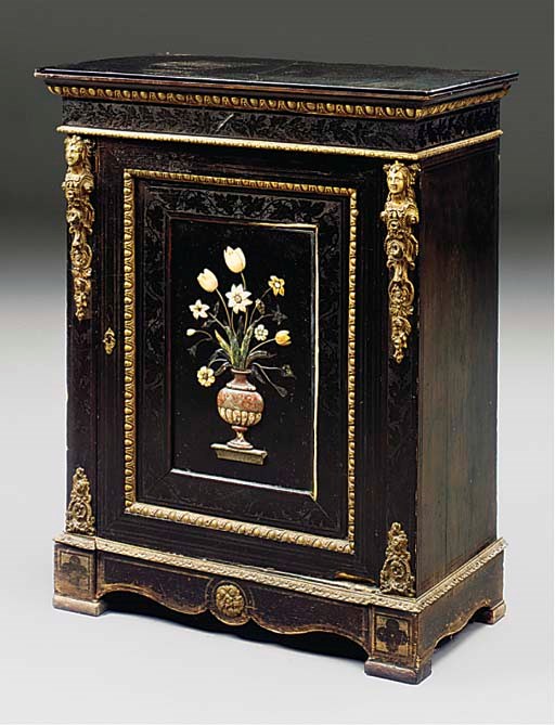 A FRENCH EBONISED AND HARDSTONE SIDE CABINET