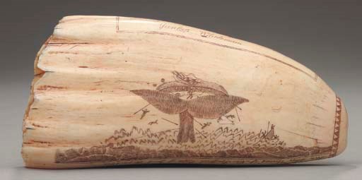 A scrimshaw whales tooth depicting the Uncas of New Bedford