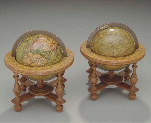 A good pair of mid 18th-Century 3-inch diameter English pocket globes