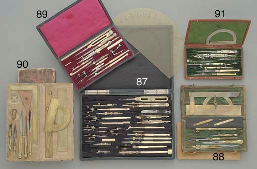 A late 19th-Century steel, electrum and ivory drafting set