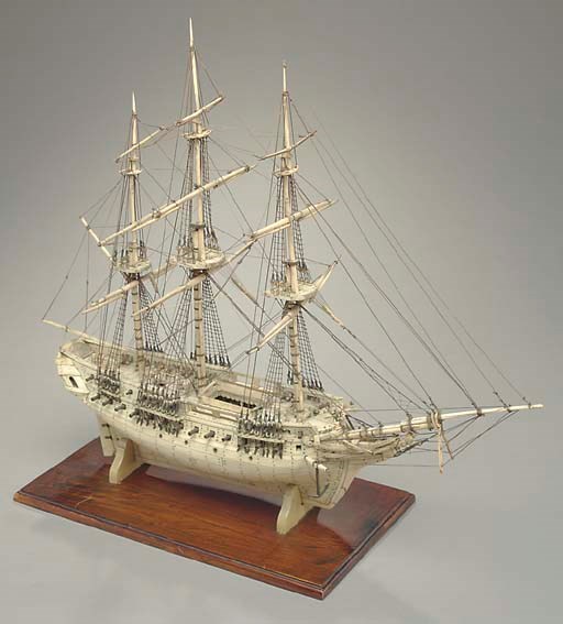 A Napoleonic prisoner of war bone model of a 4th rate ship