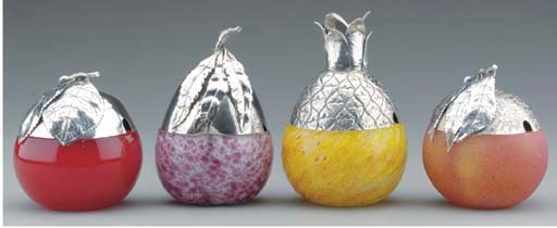 A SET OF FOUR ITALIAN SILVER AND GLASS FRUIT-FORM JAM JARS AND SPOONS,