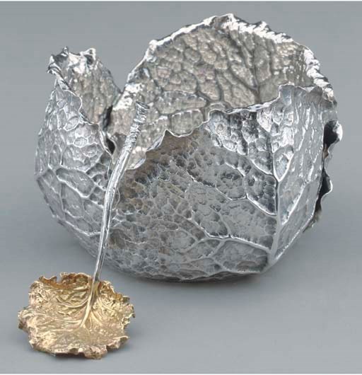 AN ITALIAN SILVER LETTUCE-FORM BOWL AND LEAF SPOON,