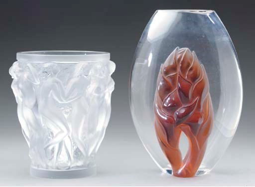 TWO LALIQUE GLASS VASES,