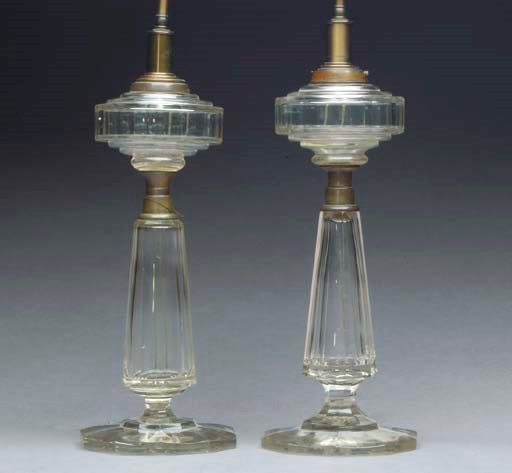 A PAIR OF BRONZE-MOUNTED CUT-GLASS FLUID LAMPS,